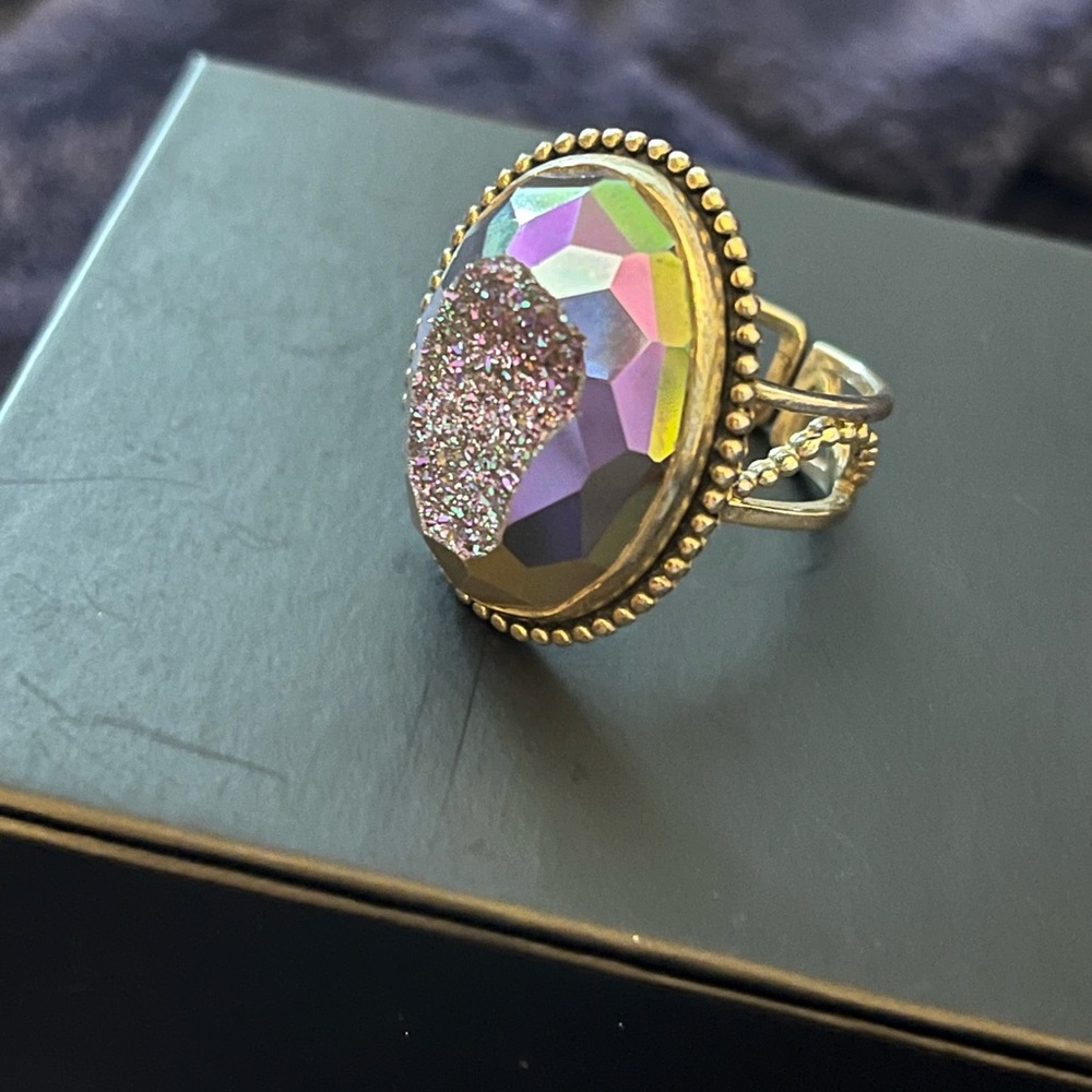 925 Sterling Silver Holographic Druzy Stone Crystal Boho Metallic Statement Ring